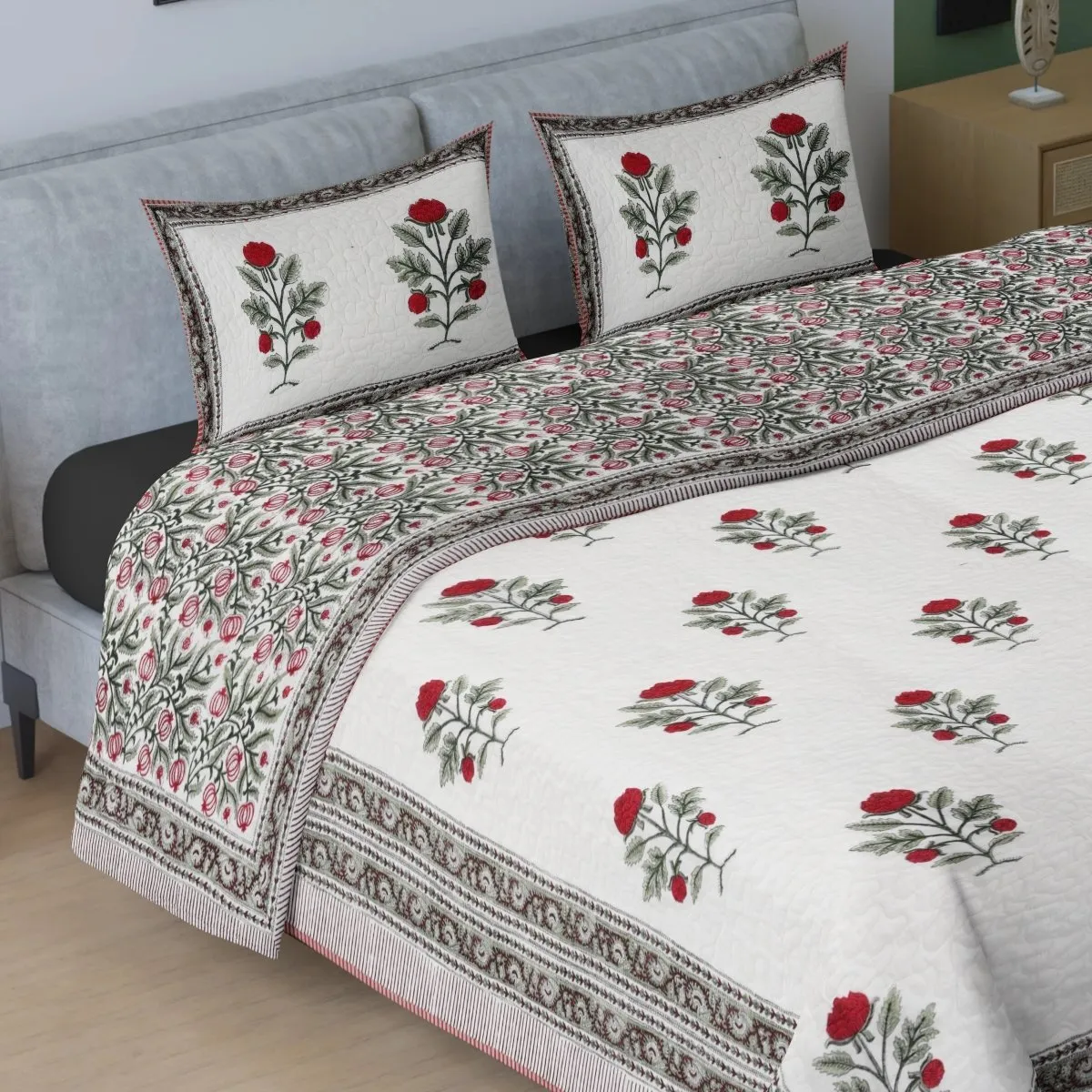 Quilted Double Bed Cover In Fine Cotton | Reversible Hand Printed With Bright Floral | Handmade In India