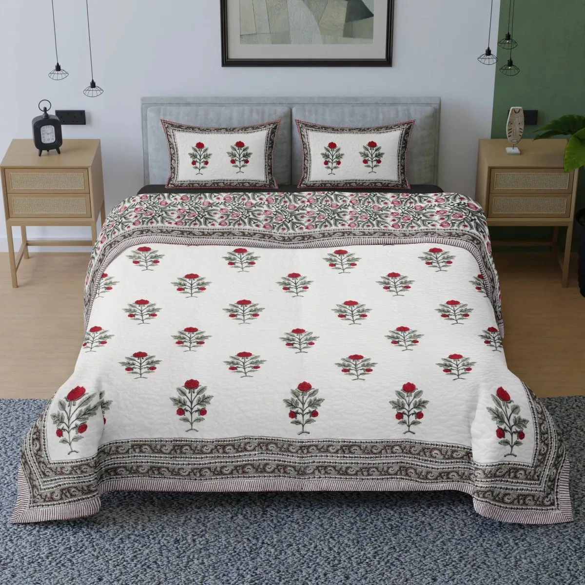 Quilted Double Bed Cover In Fine Cotton | Reversible Hand Printed With Bright Floral | Handmade In India