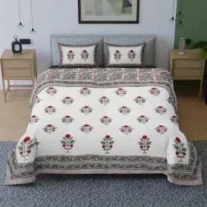 Quilted Double Bed Cover In Fine Cotton | Reversible Hand Printed With Bright Floral | Handmade In India