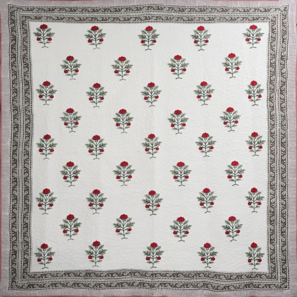 Quilted Double Bed Cover In Fine Cotton | Reversible Hand Printed With Bright Floral | Handmade In India