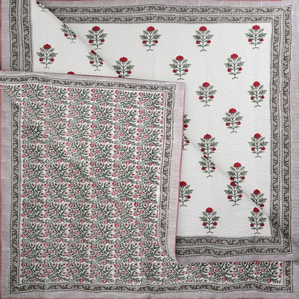 Quilted Double Bed Cover In Fine Cotton | Reversible Hand Printed With Bright Floral | Handmade In India