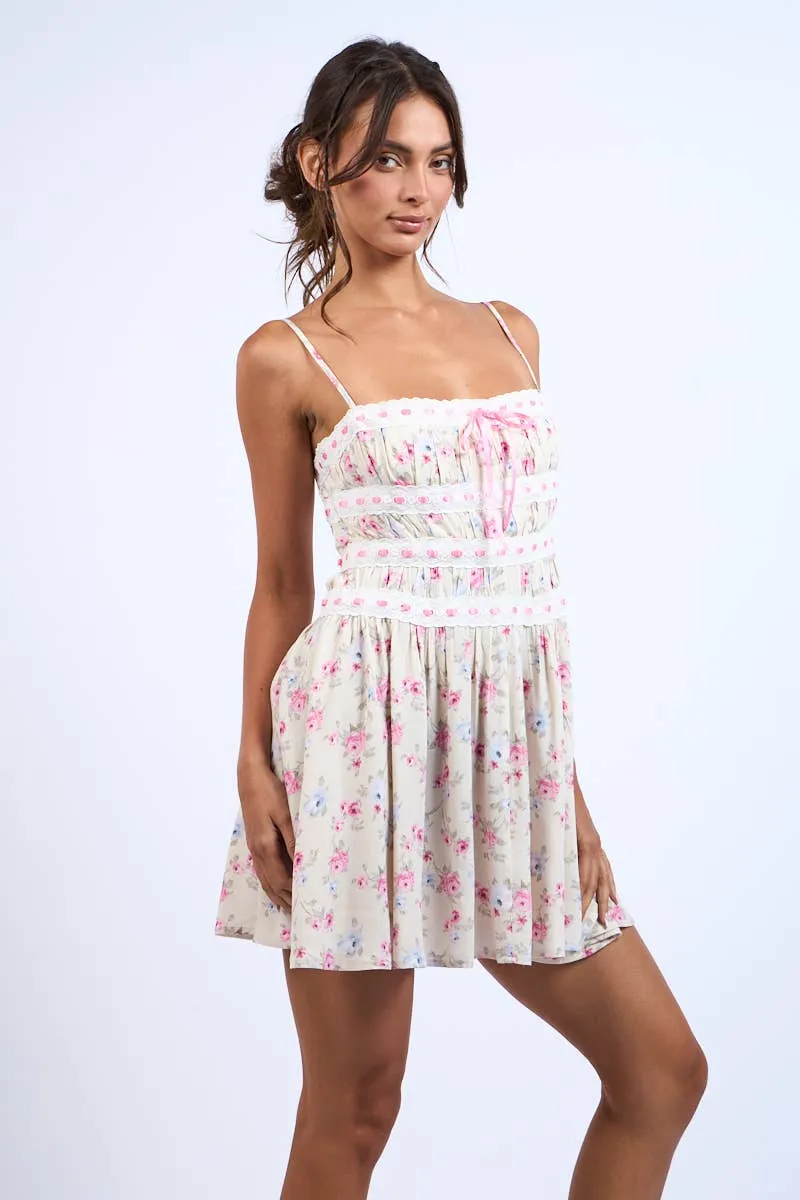 Ribbon Lace Detail Mini Dress in Pink