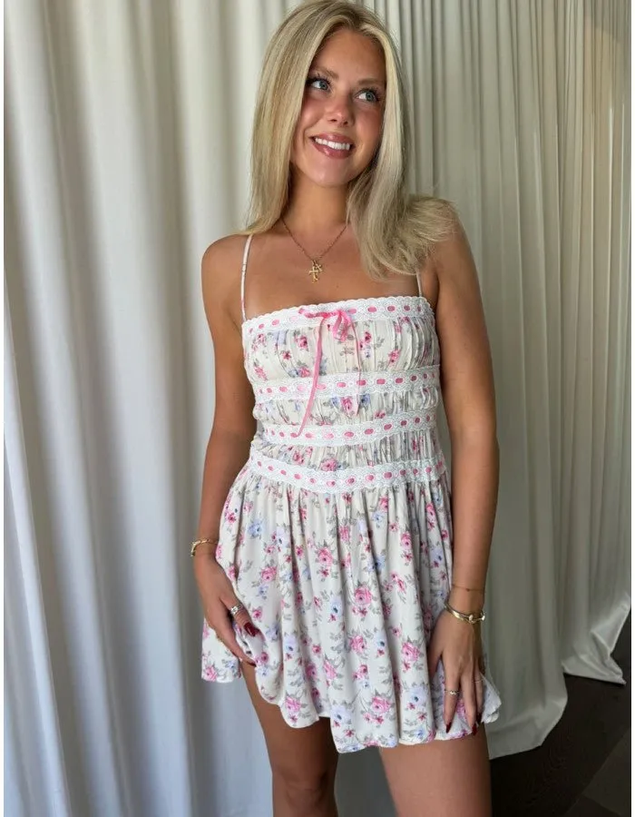 Ribbon Lace Detail Mini Dress in Pink