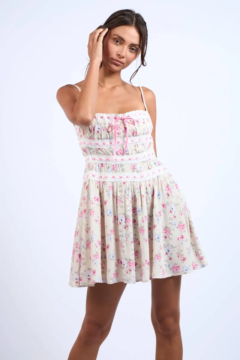 Ribbon Lace Detail Mini Dress in Pink