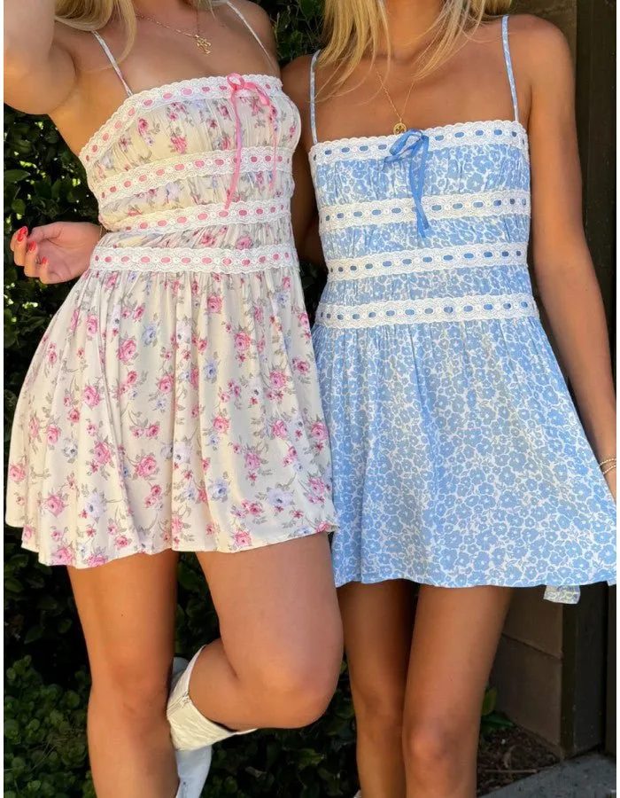 Ribbon Lace Detail Mini Dress in Pink