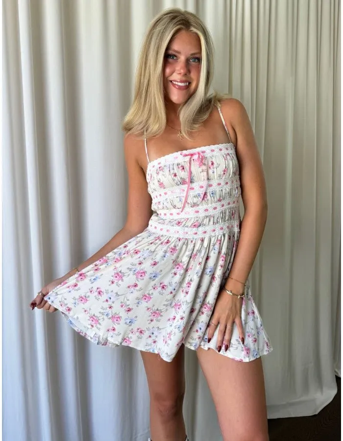 Ribbon Lace Detail Mini Dress in Pink