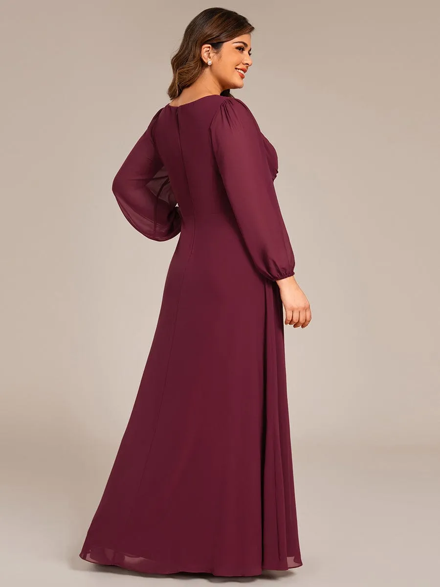 Ruth | Plus Size A-Line Pleated Long Lantern Sleeves Chiffon Formal Evening Dress