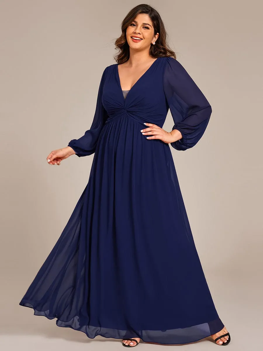 Ruth | Plus Size A-Line Pleated Long Lantern Sleeves Chiffon Formal Evening Dress