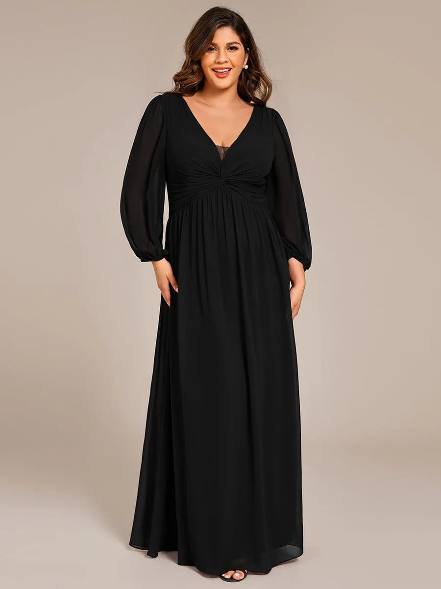 Ruth | Plus Size A-Line Pleated Long Lantern Sleeves Chiffon Formal Evening Dress