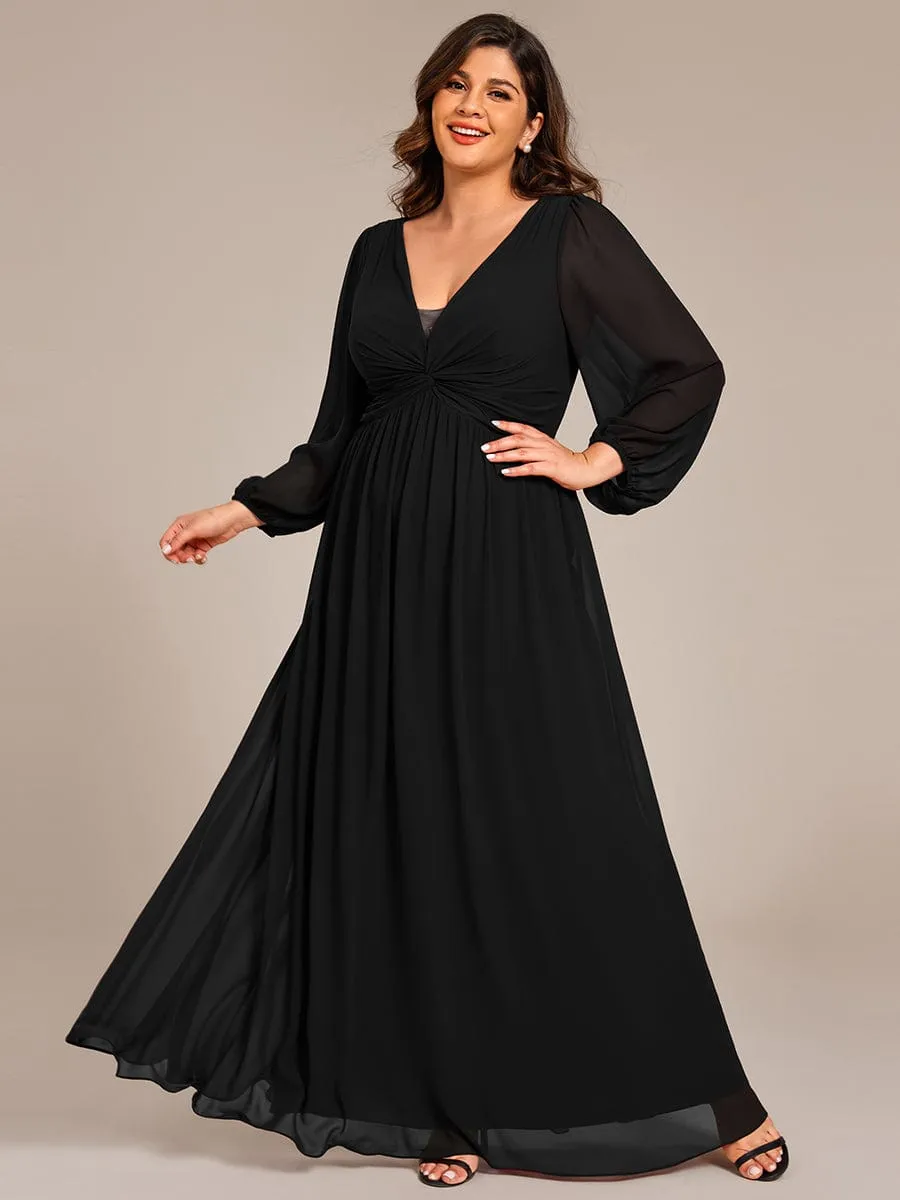 Ruth | Plus Size A-Line Pleated Long Lantern Sleeves Chiffon Formal Evening Dress