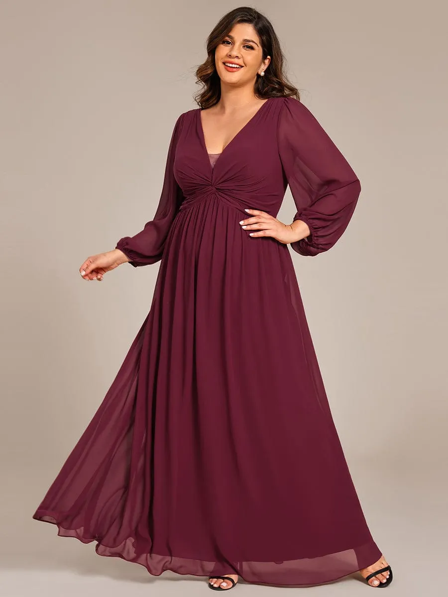 Ruth | Plus Size A-Line Pleated Long Lantern Sleeves Chiffon Formal Evening Dress