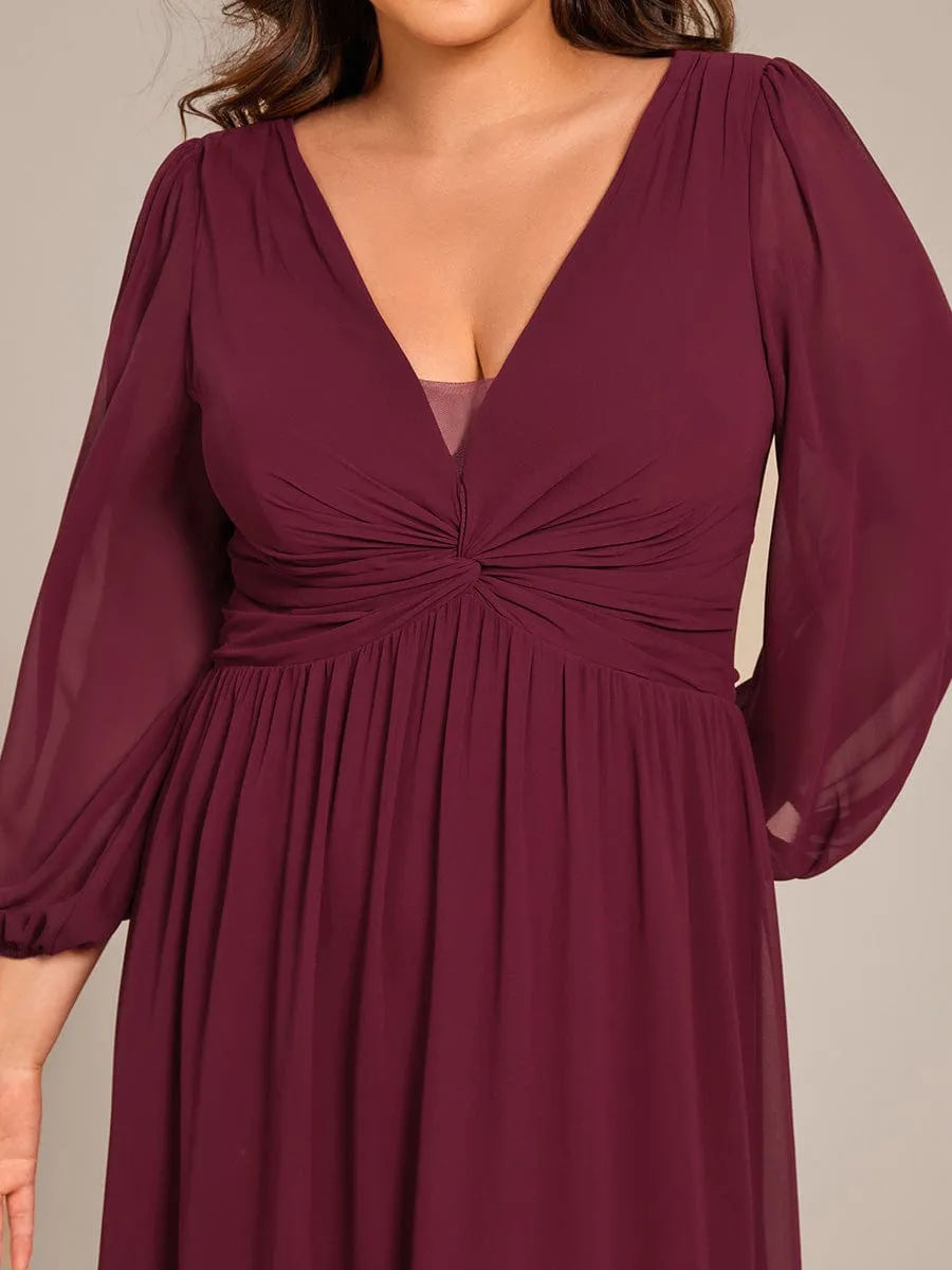 Ruth | Plus Size A-Line Pleated Long Lantern Sleeves Chiffon Formal Evening Dress