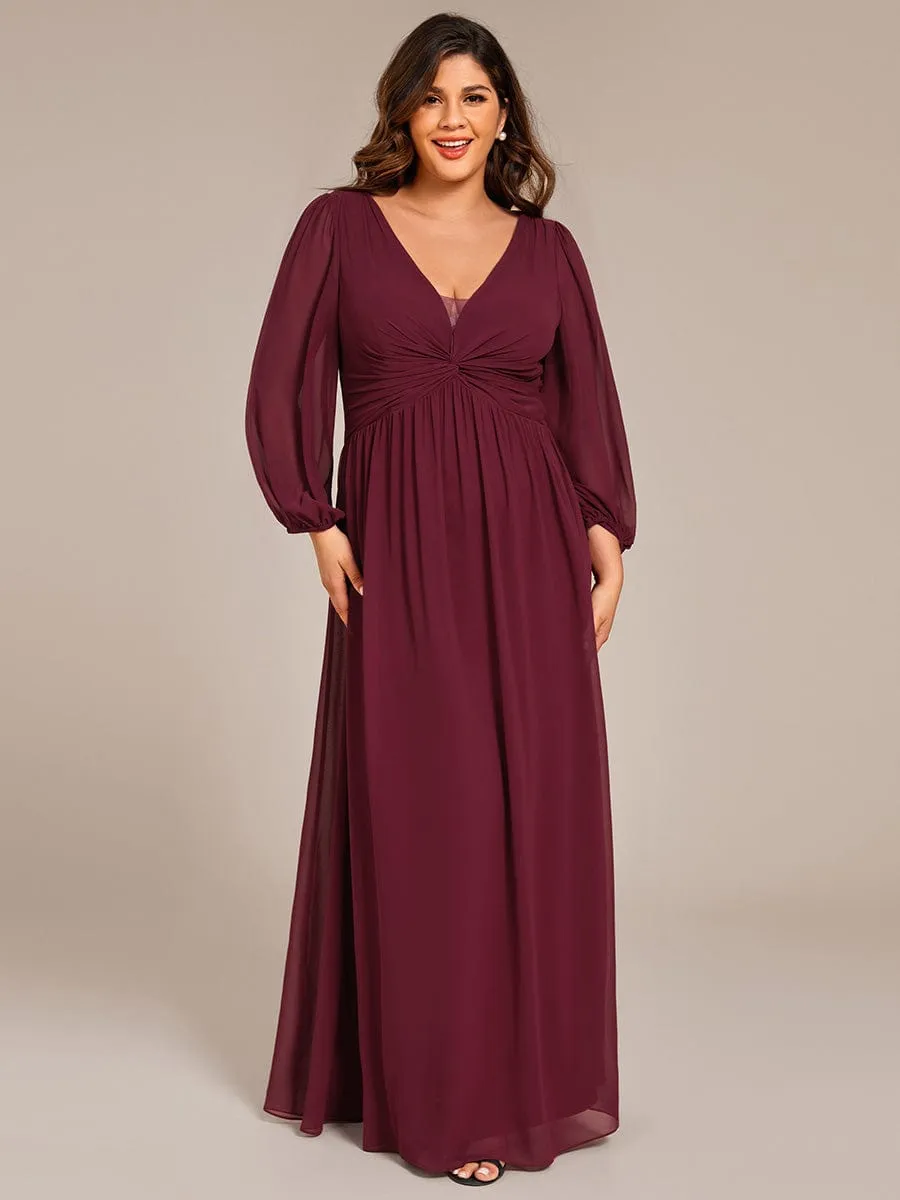 Ruth | Plus Size A-Line Pleated Long Lantern Sleeves Chiffon Formal Evening Dress