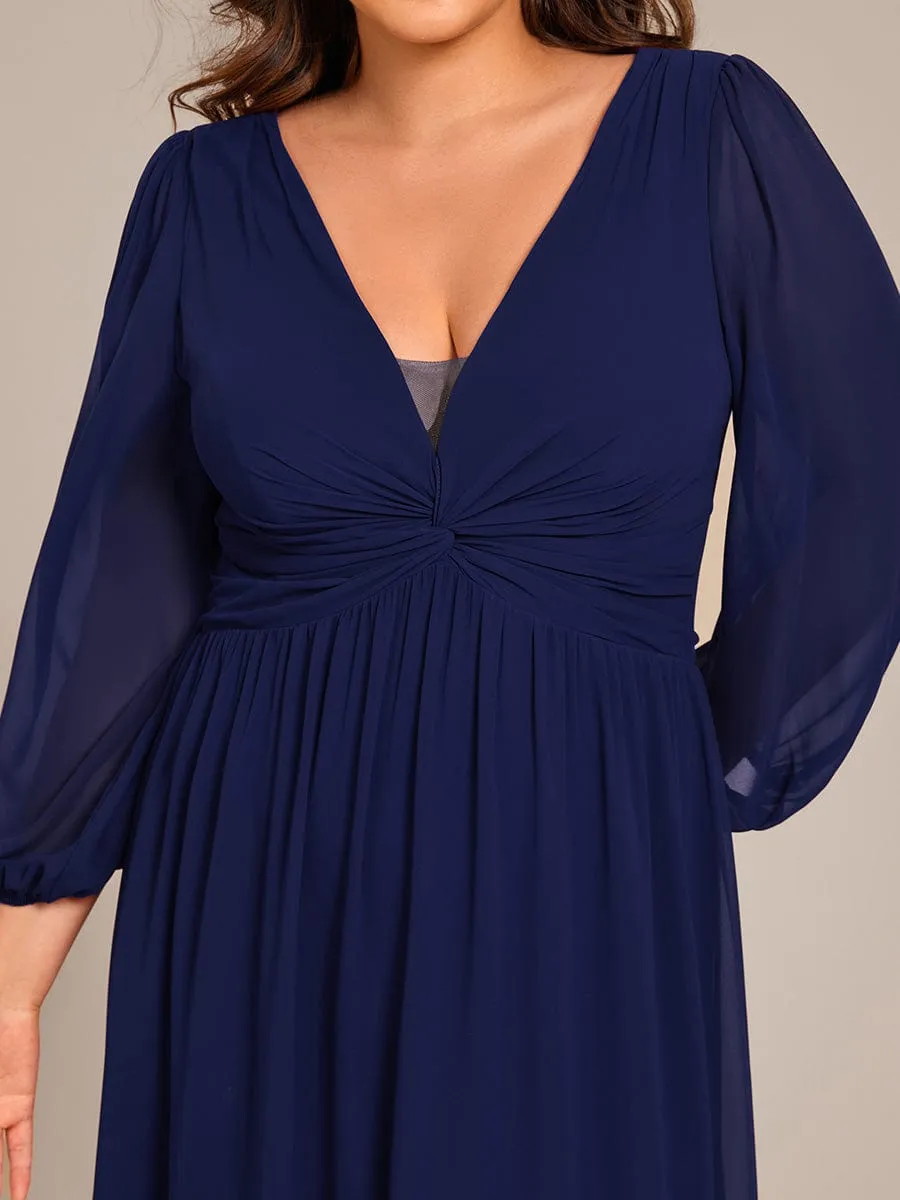 Ruth | Plus Size A-Line Pleated Long Lantern Sleeves Chiffon Formal Evening Dress