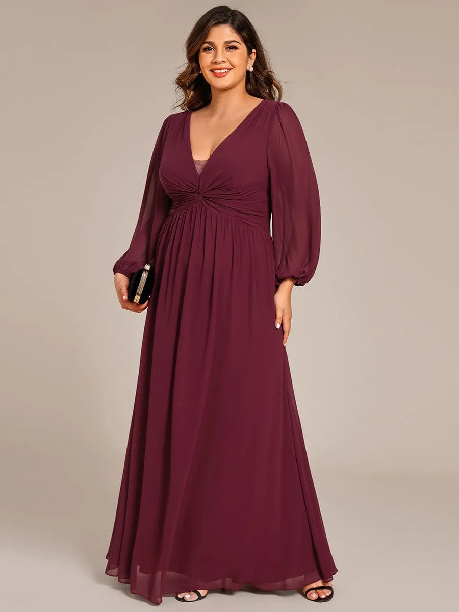 Ruth | Plus Size A-Line Pleated Long Lantern Sleeves Chiffon Formal Evening Dress