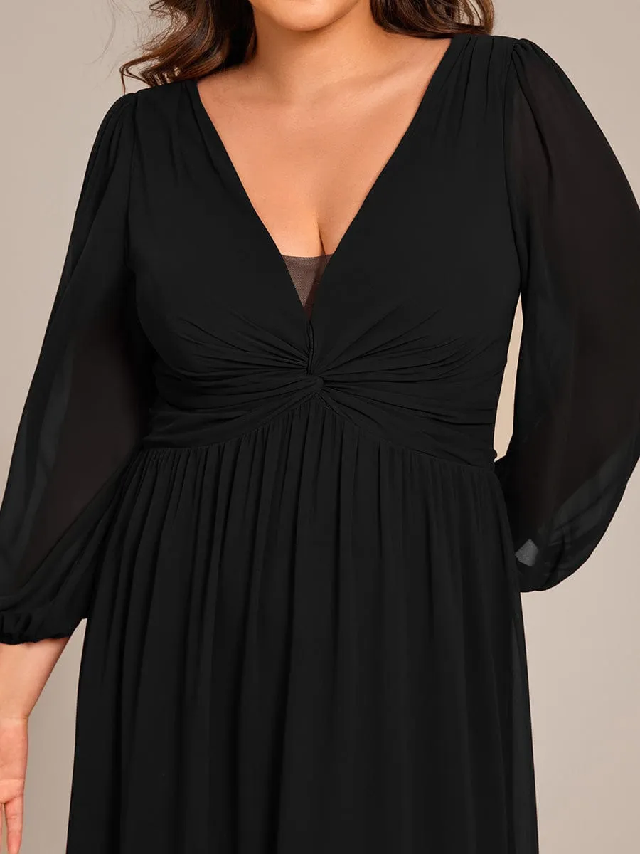 Ruth | Plus Size A-Line Pleated Long Lantern Sleeves Chiffon Formal Evening Dress