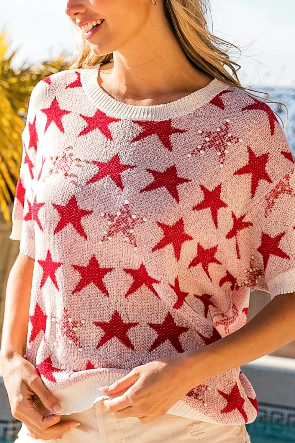 Suri Star Pattern Round Neck Short Sleeve Knit Top
